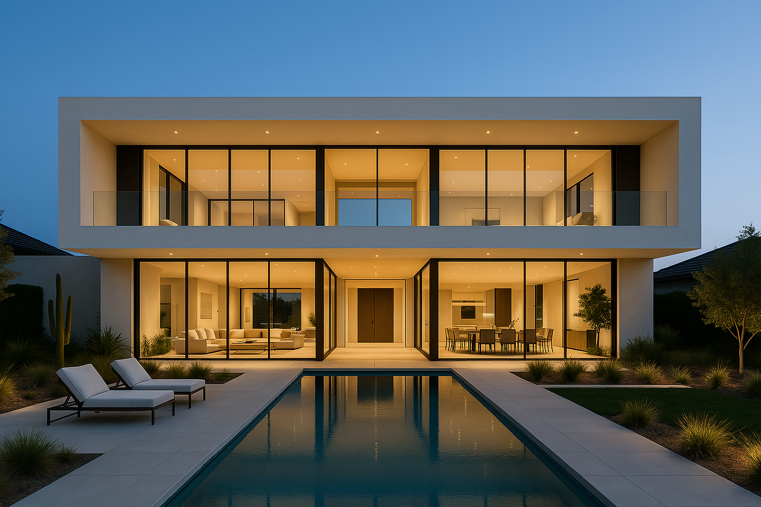 Modern luxury home with pool at twilight